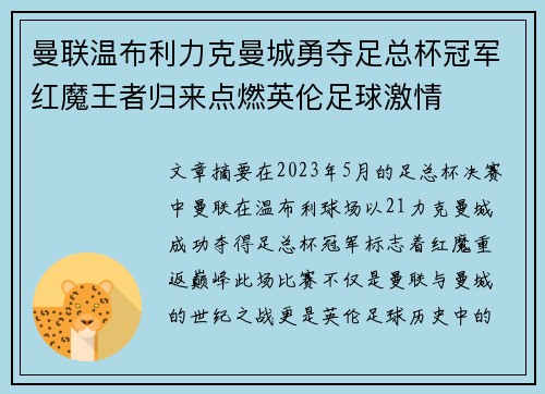 曼联温布利力克曼城勇夺足总杯冠军红魔王者归来点燃英伦足球激情